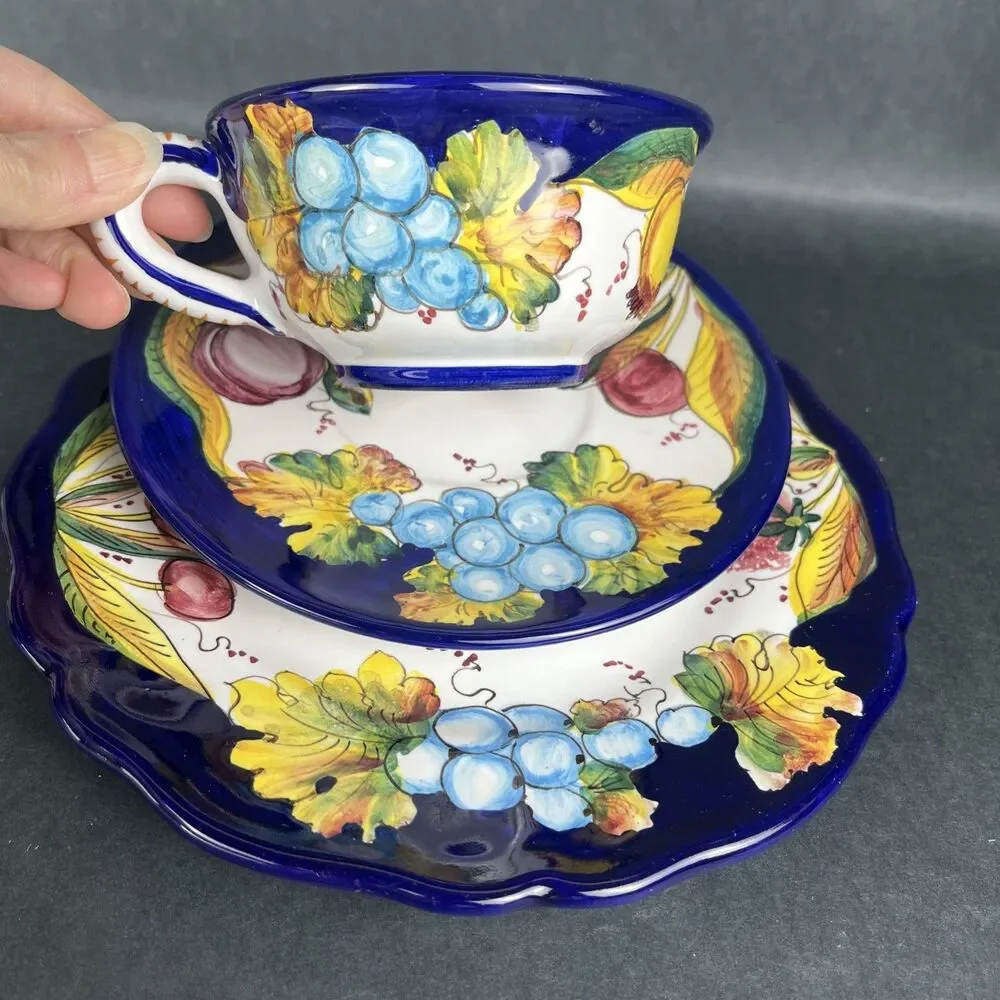 Italian Hand Painted Ravello Pottery Cup Saucer Plate Set Da‎ Lena Fruit Design